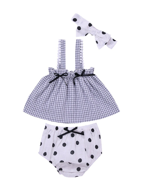 Load image into Gallery viewer, Baby Girl Plaid Pattern Sling Tops Combo Polka Dot Shorts With Handband Sets by MyKids-USA™
