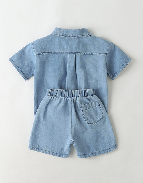 Load image into Gallery viewer, Baby Solid Color Butoon Front Denim Shirt Combo Shorts Sets In Summer by MyKids-USA™
