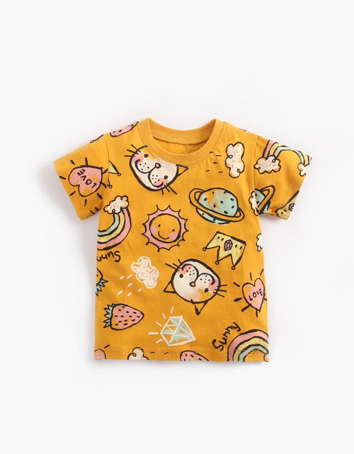 Load image into Gallery viewer, Baby Girl Cartoon Print O-Neck T-Shirt Combo Ruffle Shorts Sets In Summer by MyKids-USA™
