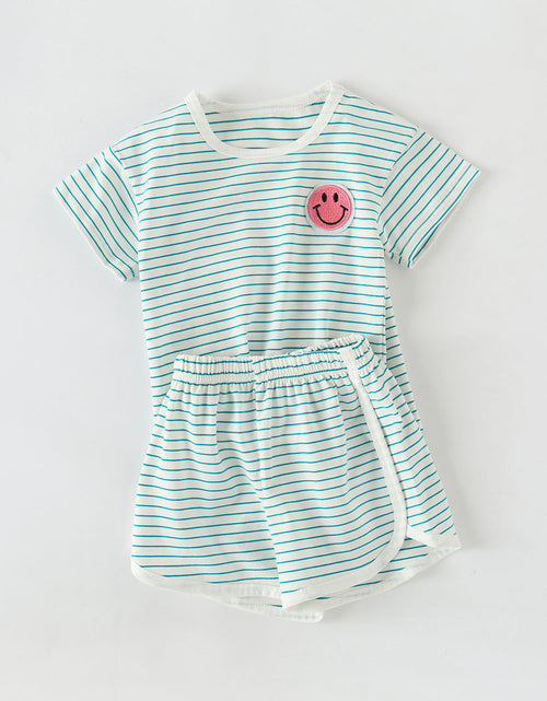 Load image into Gallery viewer, Baby Smiley Patched Pattern Striped Graphic Tee Combo Shorts Sets by MyKids-USA™

