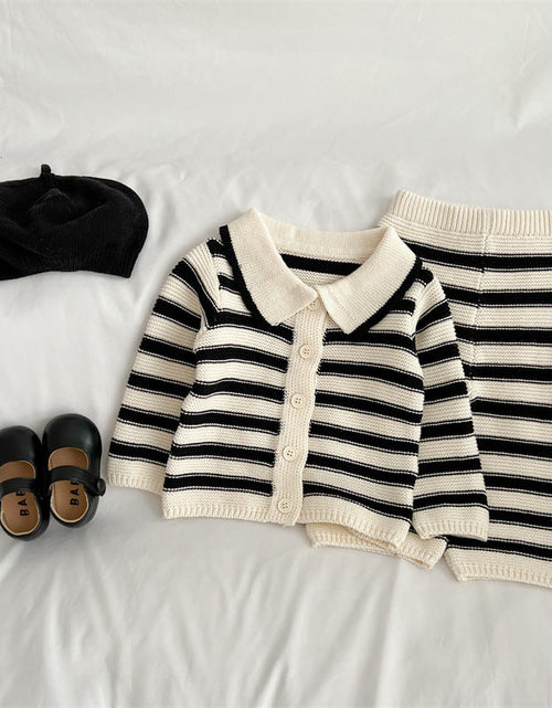 Load image into Gallery viewer, Baby Striped Pattern Lapel Knitted Cardigan With Pants Sets by MyKids-USA™

