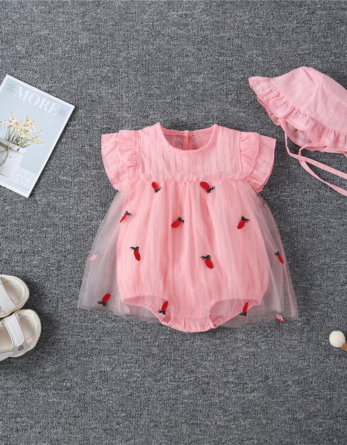 Load image into Gallery viewer, Baby Girl 1pcs Solid Color Pineapple Embroidered Mesh Overlay Flounce Sleeves Onesies Dress by MyKids-USA™
