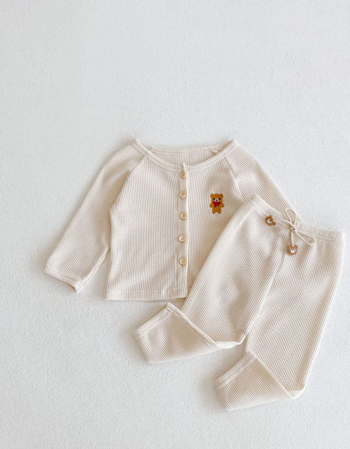 Load image into Gallery viewer, Baby Cartoon Bear Embroidered Graphic Button Front Waffle Knitted Cardigan Combo Pants Sets by MyKids-USA™
