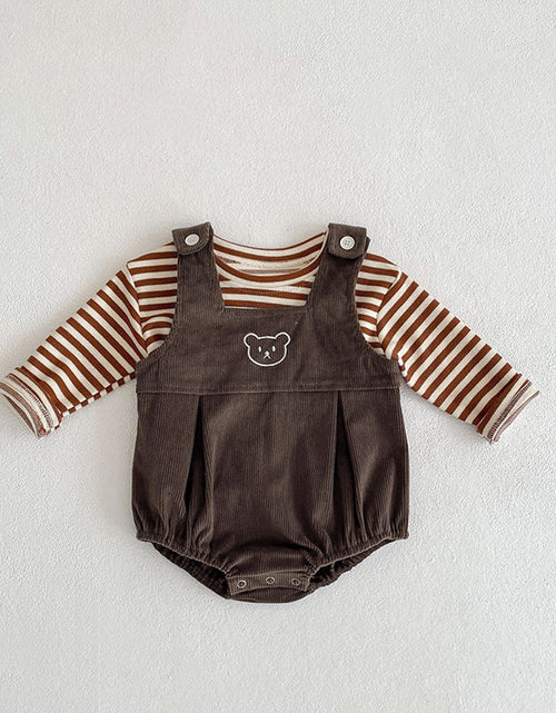 Load image into Gallery viewer, Baby Striped Shirt Combo Corduroy Fabric Cartoon Bear Embroidered Vest Bodysuit 2 Pieces Sets by MyKids-USA™
