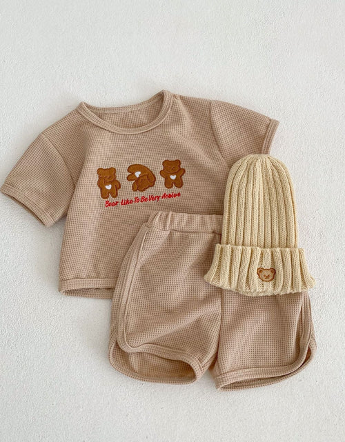 Load image into Gallery viewer, Baby Bear Embroidered Pattern Waffle Fabric T-Shirt Combo Shorts Sets by MyKids-USA™
