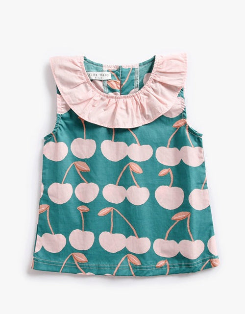 Load image into Gallery viewer, Baby Girl Cherry Print Ruffle Design O-Neck Tops Combo Shorts Sets In Summer by MyKids-USA™
