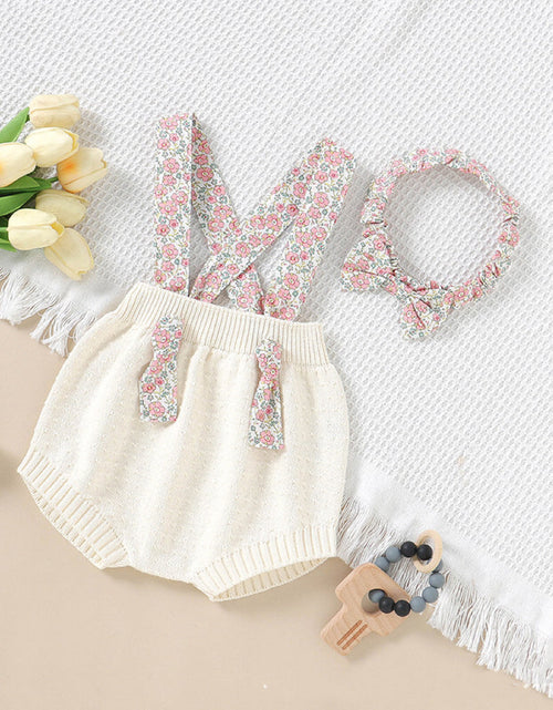 Load image into Gallery viewer, Baby Girl Ditsy Flower Sling Knitted Shorts Overalls With Headband by MyKids-USA™
