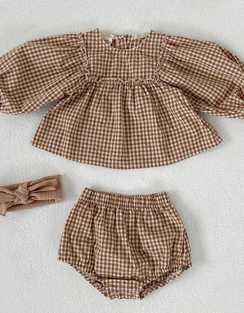 Load image into Gallery viewer, Baby Girl Plaid Pattern Loose Blouses WIth Shorts Headband 3 Pieces Sets by MyKids-USA™
