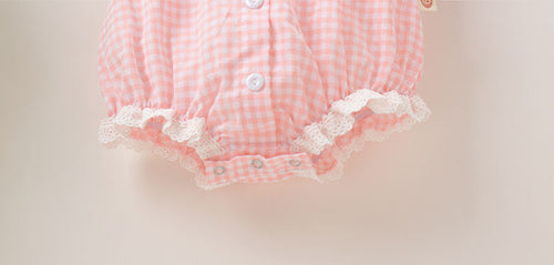 Load image into Gallery viewer, Baby Girl Plaid Pattern Lace Patchwork Design Bubble Short-Sleeved Onesies With Buttons by MyKids-USA™
