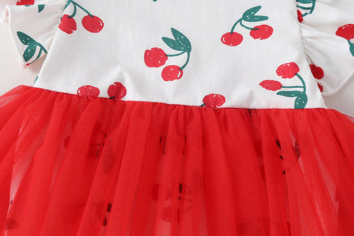 Load image into Gallery viewer, Baby Girl Cherry Print Pattern Mesh Patchwork Design Round-Collar Short-Sleeved Summer Dress Onesies by MyKids-USA™
