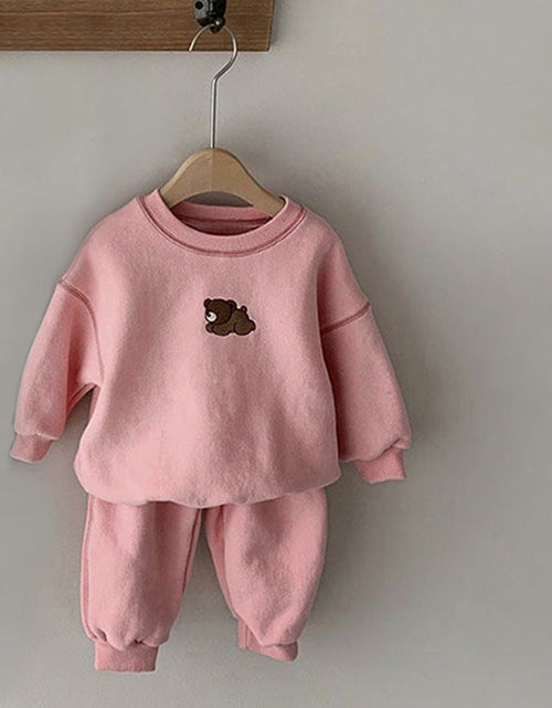 Load image into Gallery viewer, Baby Cartoon Bear Patched Graphic Hoodies Combo Solid Trousers Casual 2 Pieces Sets by MyKids-USA™
