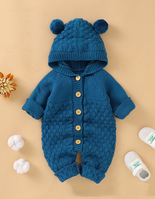 Load image into Gallery viewer, Baby 1pcs Cable Knitted Graphic Button Front Design Rompers With Hairball Patched Hat by MyKids-USA™
