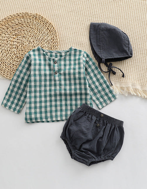 Load image into Gallery viewer, Baby Plaid Graphic Tops And Solid Shorts With Hat 1Pieces Sets by MyKids-USA™
