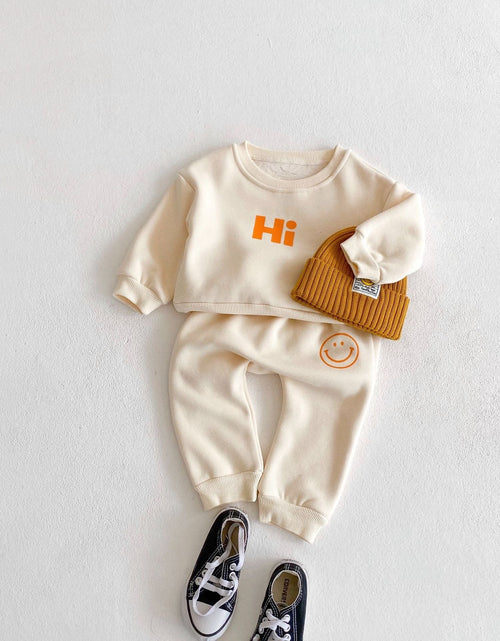 Load image into Gallery viewer, Baby Slogan Graphic Longsleeve Hoodie Combo Smiley Print Trousers Sets by MyKids-USA™
