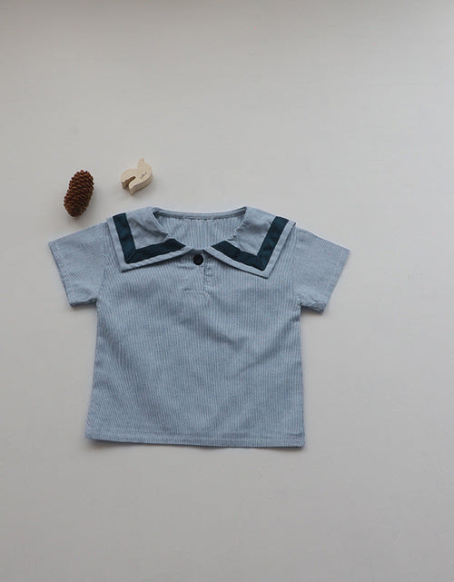 Load image into Gallery viewer, Baby Girl 1pc Contrast Tape Lapel Tops &amp; Shorts Navy Style College Sets by MyKids-USA™
