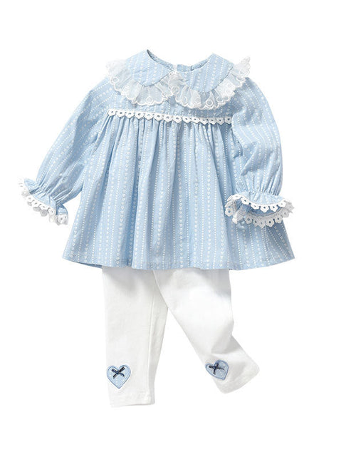 Load image into Gallery viewer, Baby Girl Heart Pattern Ruffle Doll Neck Shirt Combo Embroidered Pants Sets by MyKids-USA™
