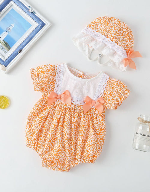 Load image into Gallery viewer, Baby Girl Floral Pattern Lace Patchwork Round Collar Short-Sleeved Colorful Cotton Onesies With Hat by MyKids-USA™

