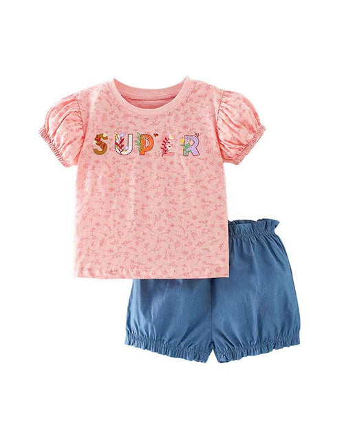 Load image into Gallery viewer, Baby Girl Floral &amp; Slogan Print Graphic Puff Sleeve Tee Combo Denim Shorts Sets by MyKids-USA™
