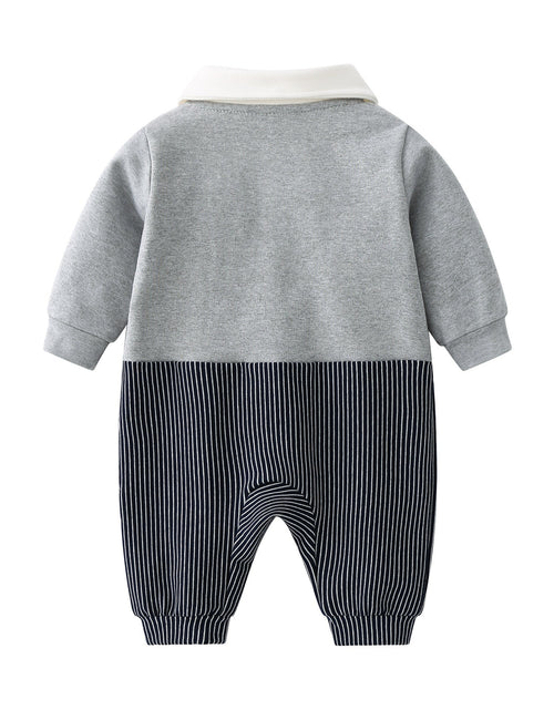 Load image into Gallery viewer, Baby Boy Badge Patched Pattern Striped Contrast Design Snap Button Front Bow Tie Rompers by MyKids-USA™
