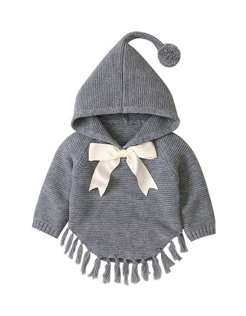 Load image into Gallery viewer, Baby Girl 1pcs Solid Color Big Bow Tie Patched Design Shawl Kniited Hoodies With Hat by MyKids-USA™
