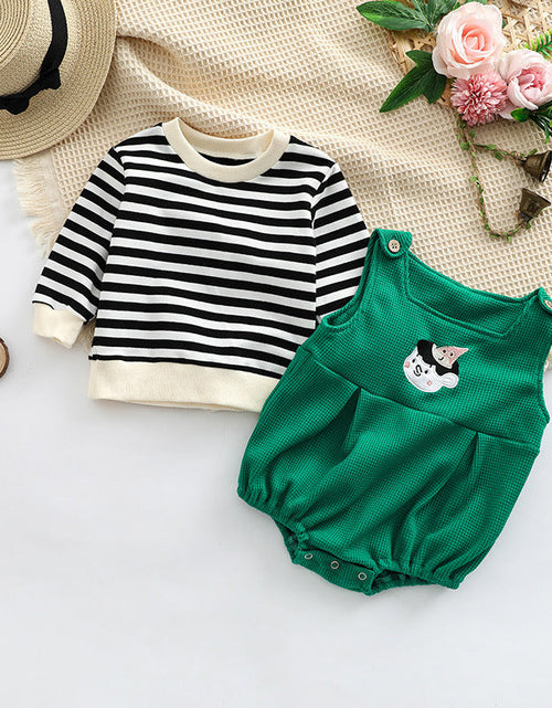 Load image into Gallery viewer, Baby Striped Pattern Shirt Combo Cartoon Graphic Corduroy Fabric Strap Onesies Sets by MyKids-USA™
