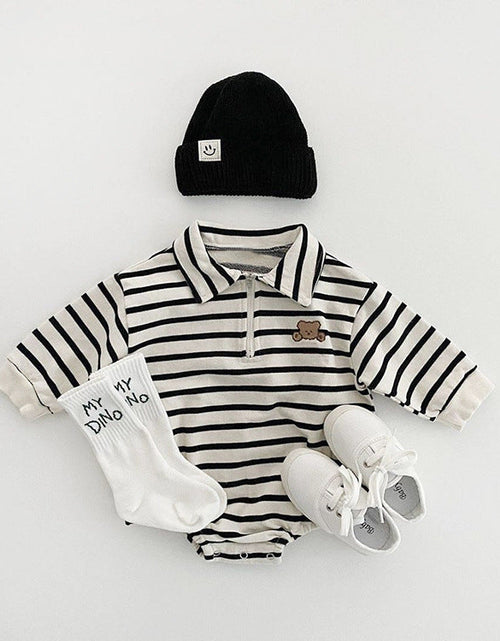 Load image into Gallery viewer, Baby Striped &amp; Cartoon Patched Graphic Polo Neck Long Sleeves Bodysuit Onesies by MyKids-USA™
