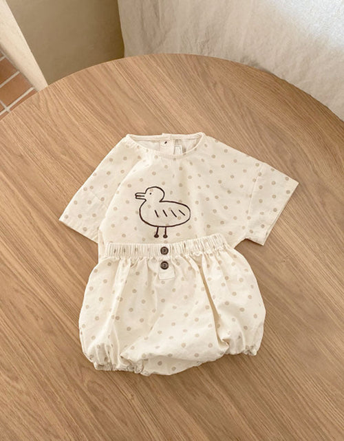 Load image into Gallery viewer, Baby Girl Plaid Polka Dot Pattern Duckling Print Short Sleeved Top Combo Pants Sets by MyKids-USA™
