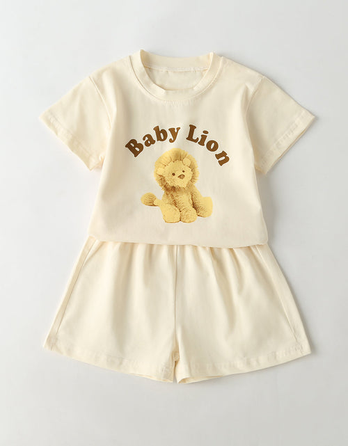 Load image into Gallery viewer, Baby Cartoon Animal &amp; Slogan Pattern Short Sleeved Tee Combo Solid Shorts Sets by MyKids-USA™
