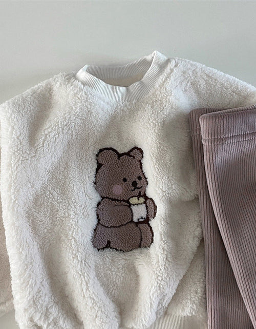 Load image into Gallery viewer, Baby Bear Embroidered Pattern Plush Hoodies Combo Pants  Pieces Sets by MyKids-USA™
