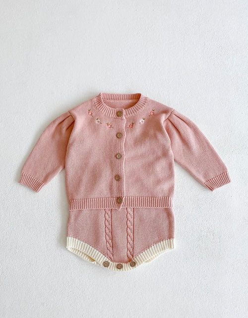 Load image into Gallery viewer, Baby Girl 1pcs Crochet Knitting Graphic Contrast Onesies &amp; Floral Embroidered Cardigan Sets by MyKids-USA™
