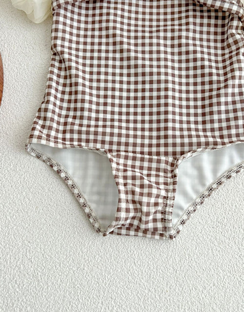 Load image into Gallery viewer, Baby Girl Plaid Pattern Mesh Sleeves Patchwork Swimwear With Hats by MyKids-USA™

