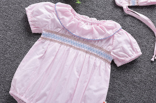 Load image into Gallery viewer, Baby Girl Embroidery Pattern Ruffle Collar Design Bubble Short-Sleeved Onesies With Hat by MyKids-USA™
