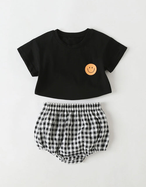 Load image into Gallery viewer, Baby Smiley Print Pattern Solid Tee Combo Plaid Pattern Triangle Shorts Sets by MyKids-USA™
