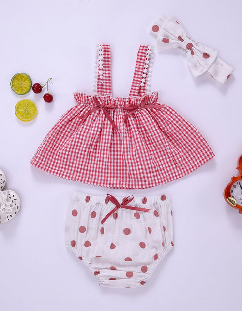 Load image into Gallery viewer, Baby Girl Plaid Pattern Sling Tops Combo Polka Dot Shorts With Handband Sets by MyKids-USA™
