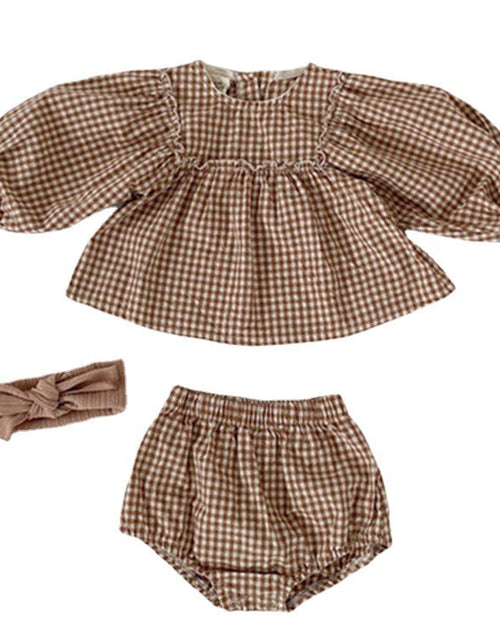 Load image into Gallery viewer, Baby Girl Plaid Pattern Loose Blouses WIth Shorts Headband 3 Pieces Sets by MyKids-USA™
