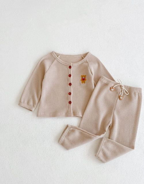 Load image into Gallery viewer, Baby Cartoon Bear Embroidered Graphic Button Front Waffle Knitted Cardigan Combo Pants Sets by MyKids-USA™
