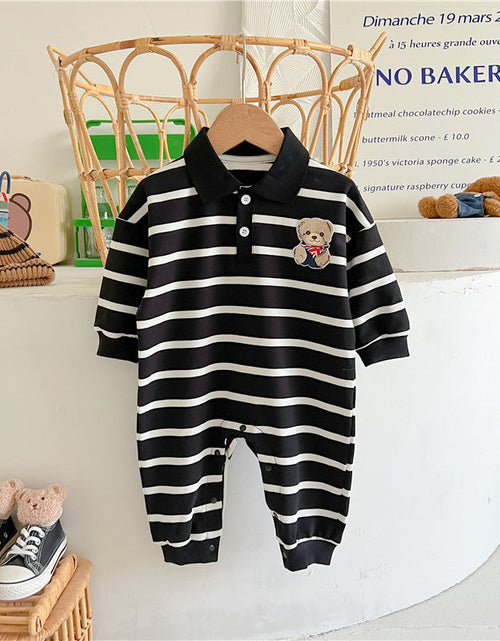Load image into Gallery viewer, Baby Cartoon Bear Print &amp; Striped Pattern Polo Neck Long Sleeve Romper by MyKids-USA™
