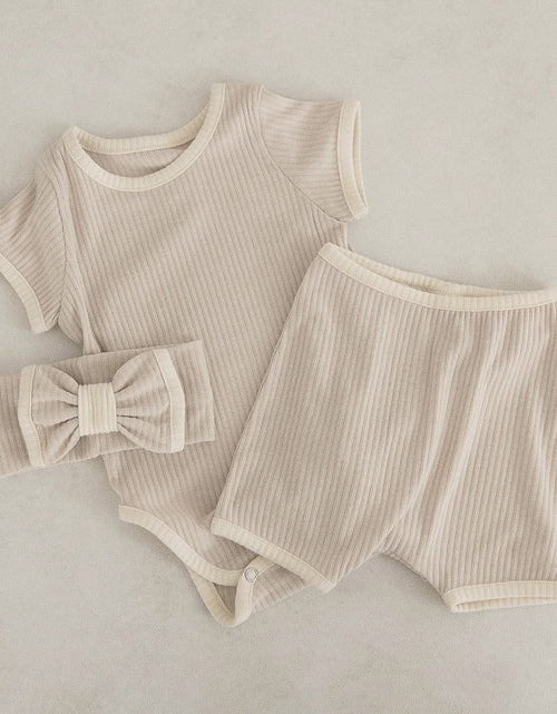 Load image into Gallery viewer, Baby Unisex Solid Color Comfy Cotton Onesies &amp; Shorts Sets With Headband by MyKids-USA™
