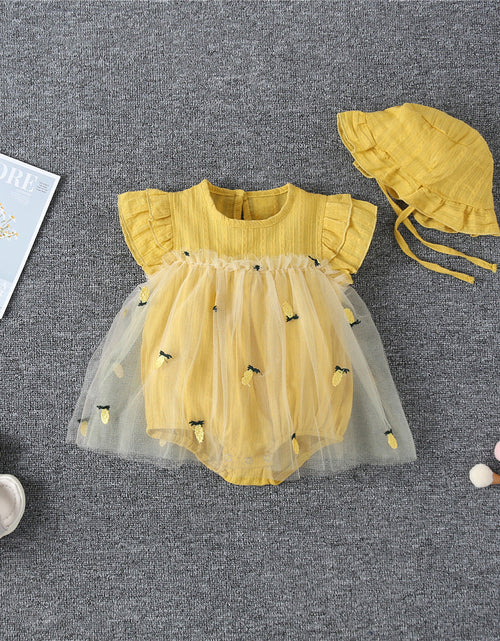 Load image into Gallery viewer, Baby Girl 1pcs Solid Color Pineapple Embroidered Mesh Overlay Flounce Sleeves Onesies Dress by MyKids-USA™
