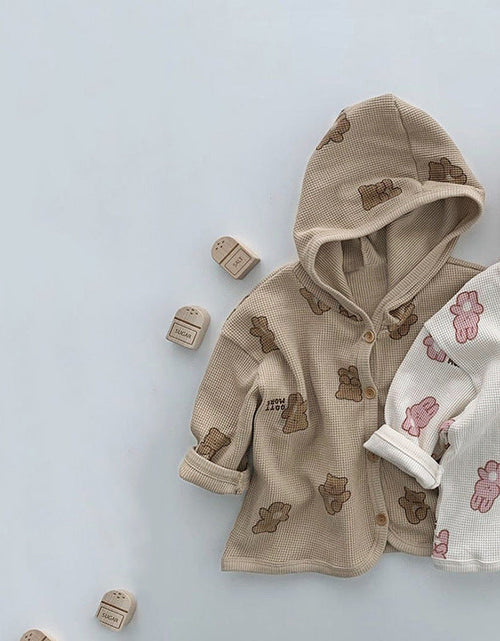 Load image into Gallery viewer, Baby Waffle Fabric Cartoon Bear Print Single Breasted Design Cardigan With Hat by MyKids-USA™
