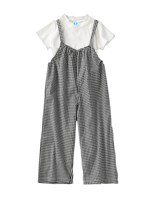Load image into Gallery viewer, Baby Girl Solid Color Tops Combo Plaid Pattern Overalls 2-Pieces Sets by MyKids-USA™
