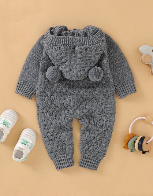 Load image into Gallery viewer, Baby 1pcs Cable Knitted Graphic Button Front Design Rompers With Hairball Patched Hat by MyKids-USA™
