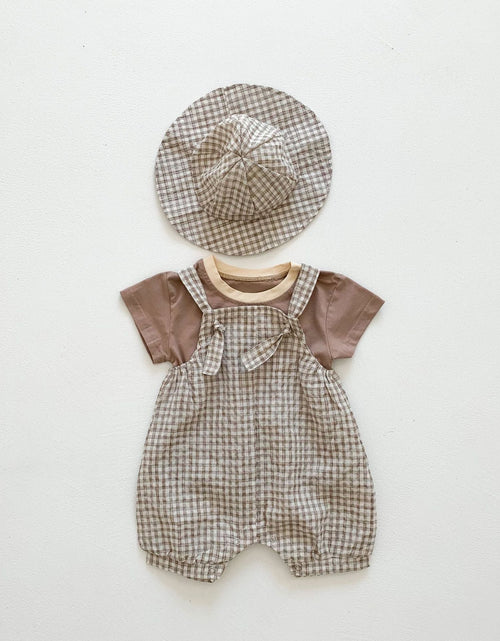 Load image into Gallery viewer, Baby Girl Short-Sleeved Plaid Pattern Backpack Pants With Hat Three Piece Sets In Summer by MyKids-USA™
