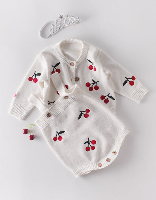 Load image into Gallery viewer, Baby Girl 1pc Cherry Embroidered Graphic Crotch Knitted Bodysuit &amp; Button Front Sweater Coat Sets by MyKids-USA™
