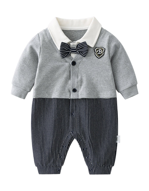 Load image into Gallery viewer, Baby Boy Badge Patched Pattern Striped Contrast Design Snap Button Front Bow Tie Rompers by MyKids-USA™
