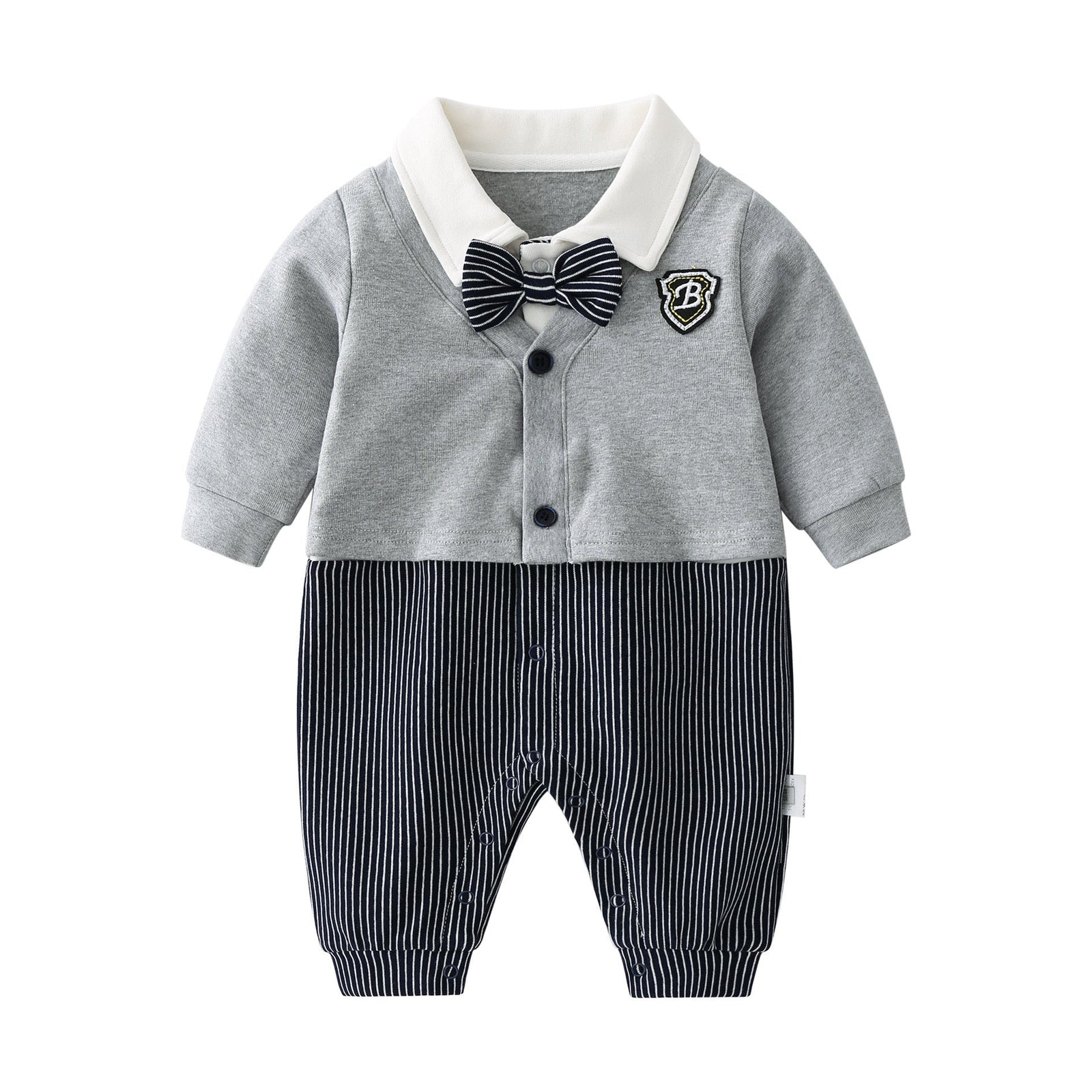 Baby Boy Badge Patched Pattern Striped Contrast Design Snap Button Front Bow Tie Rompers by MyKids-USA™