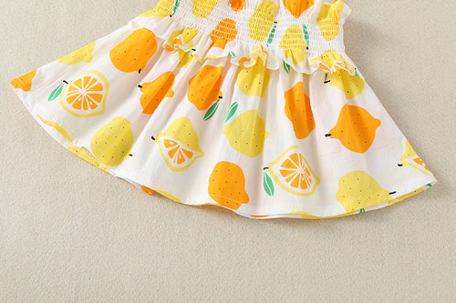 Load image into Gallery viewer, Baby Girl Lemon Fruit Print Sleeveless Dress Combo Short Pants In Sets by MyKids-USA™
