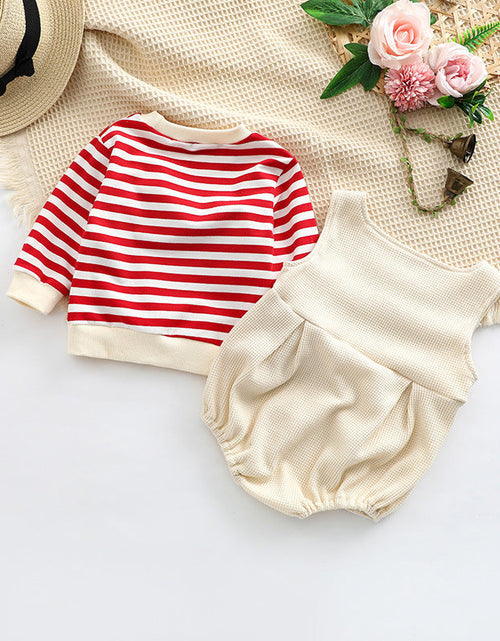 Load image into Gallery viewer, Baby Striped Pattern Shirt Combo Cartoon Graphic Corduroy Fabric Strap Onesies Sets by MyKids-USA™
