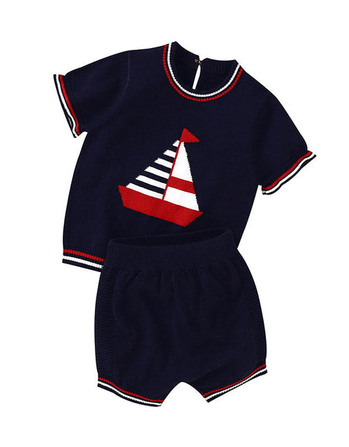Load image into Gallery viewer, Baby Boy Embroidered Graphic Striped Neck &amp; Sleeve Design Tee Combo Shorts Sailor Style Sets by MyKids-USA™
