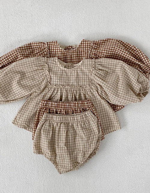Load image into Gallery viewer, Baby Girl Plaid Pattern Loose Blouses WIth Shorts Headband 3 Pieces Sets by MyKids-USA™

